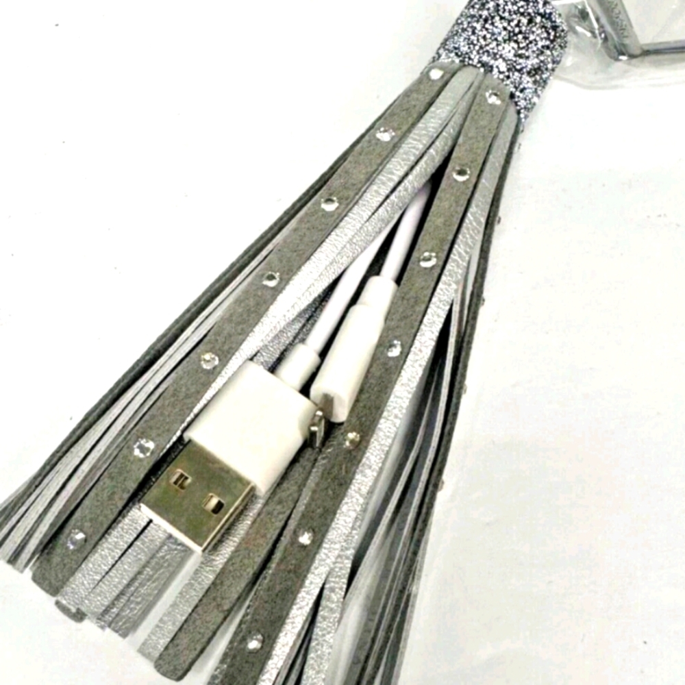 Swarovski Crystal Rhinestone Silver Leather Tassel Bag Charm USB iPhone iPad Box